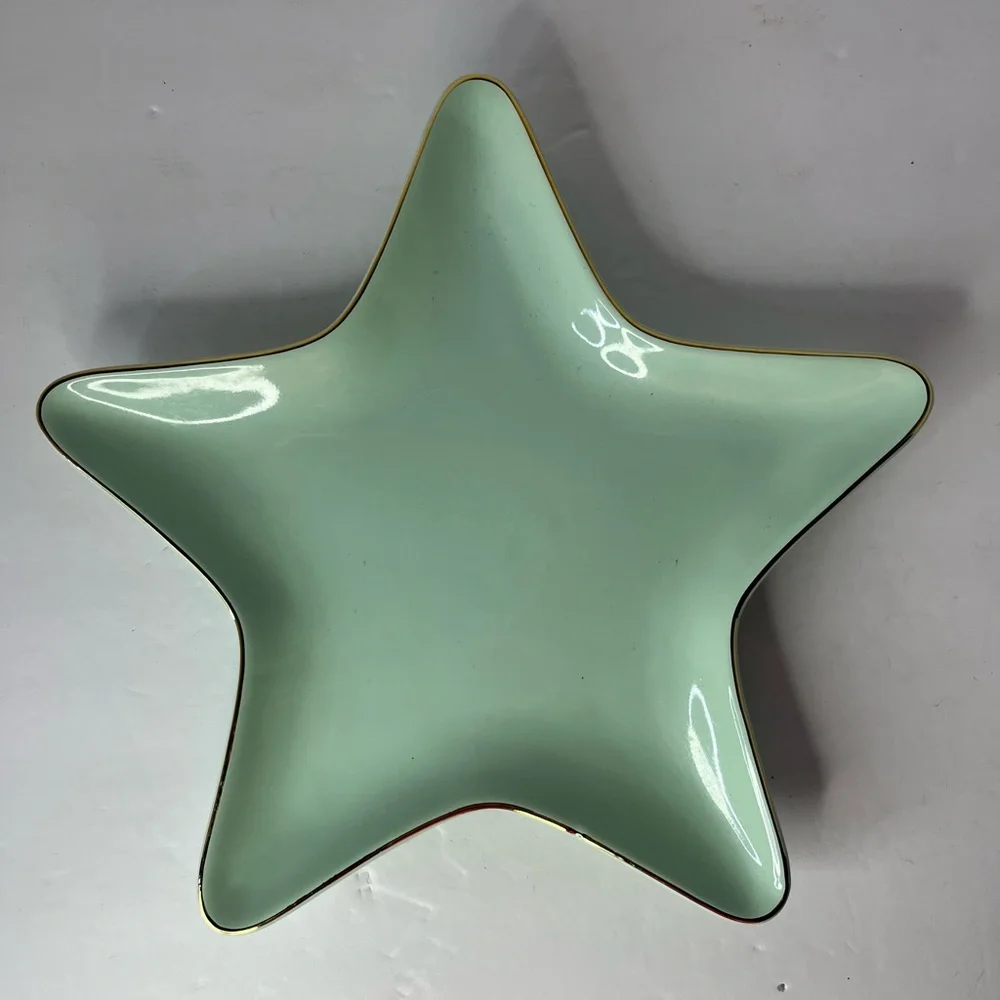 Ciroa Luxe Stoneware Star Candy‎ Nut Dish with Gold Trim Ceramic Pale Green